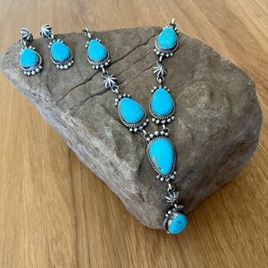 Navajo Sterling Silver Turquoise Lariat Y Necklace & Earrings Set by M.Spencer
